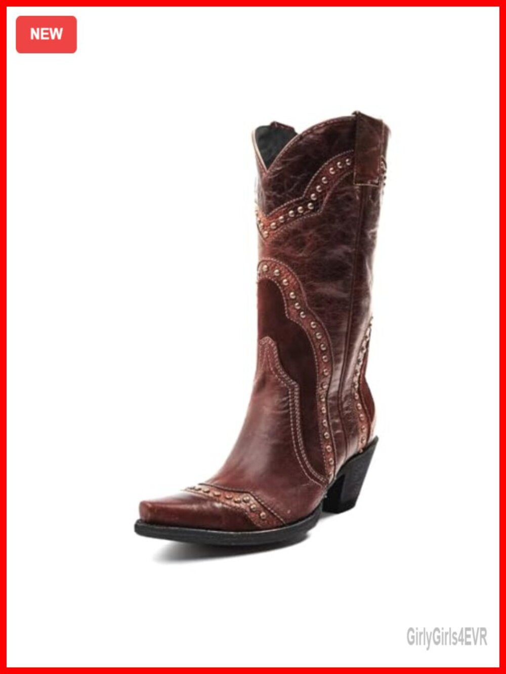 Faux Leather Western Cowboy Boots with Studded Pointed Toe Chunky Heel